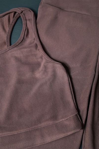 Zec Style High Waist, Ribbed, Bermuda Leggings Gathering Sports Leggings Crop Suit Dark Brown