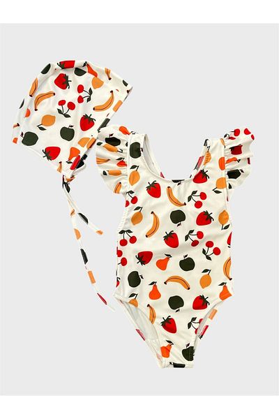 ALİŞ KİDS Girl's White Strawberry Cherry Banana Patterned Cross Strap Ruffled Bonnet Swimsuit