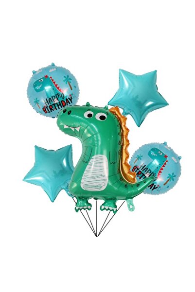 Flippy Baloane Happy Birthday, Set 5 buc Figurina Dinozaur Stelute Albastre si Baloane Albastre, 50 - 70 cm