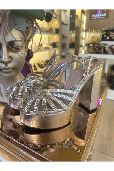 purple shoes Kafesli platformlu ,kalın yüksek topuklu taşlı abiye ayakkabı