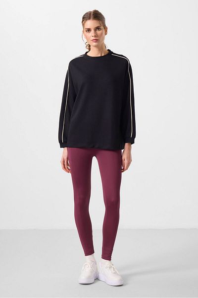 TOMMY LIFE Black Soft Textured O Neck Oversize Women's Tunic Sweatshirt - 97303