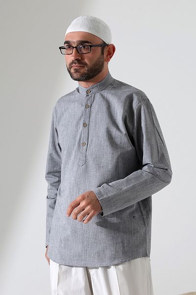 ihvanonline Men's Judge Collar Long Sleeve Buttoned Linen Shirt Gray (Vşn)