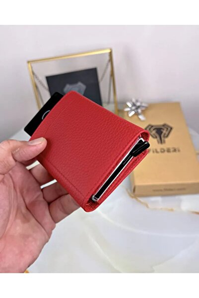 Fil Deri Mechanism Women's Wallet Genuine Leather Rfid Protected Automatic Card Holder Red Color 2001