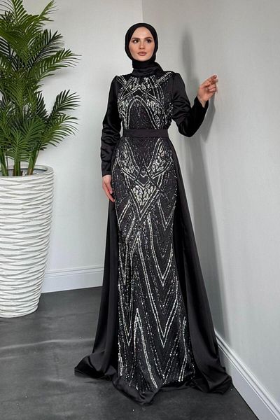 MERVEN AKYÜZ Βραδινό Σατέν Φόρεμα Carmelita Cape Μαύρο