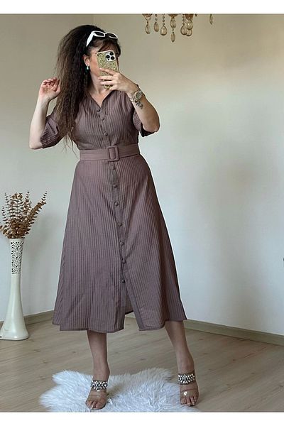 AZRA BUTİK Short Sleeve Midi Length Shirt Dress Brown