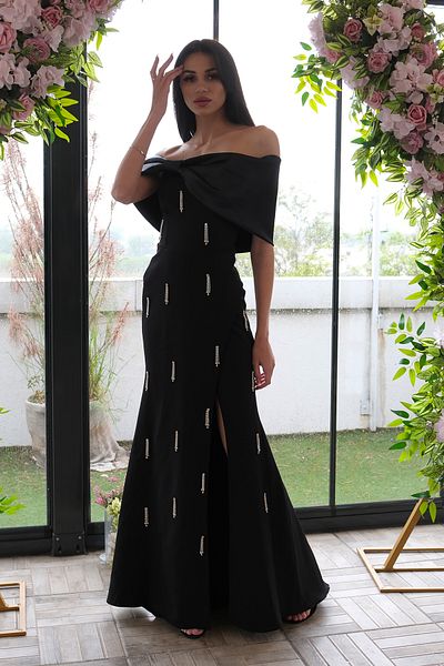 Feminist Strapless Stone Embroidered Evening Dress with Bow Detail Black 9705564