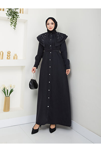 VOLT CLOTHİNG Women's Layered Pearled Denim Dress