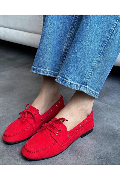 Zuum Corte Bağcıklı Makosen Kadın Ayakkabı - Kırmızı Süet