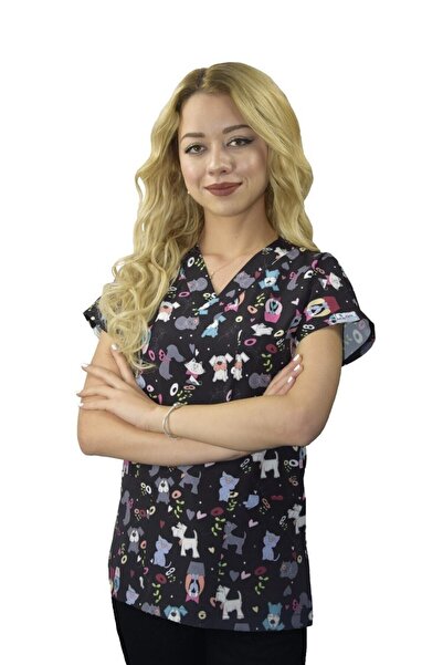 Nur Medikal Giyim Unisex Sevimli Dostlar Desenli Doktor Hemşire Veteriner Cerrahi Tek Üst Scrubs Üniforma