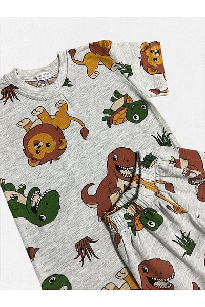 Fil Kids Chlapecká letní pyžamová souprava ze 100% bavlny, šedá safari želva se vzorem dinosaura, krátký rukáv a šortky