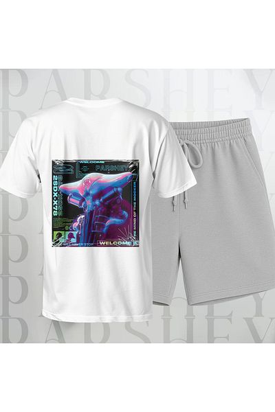 PARSHEY Men - Women Shorts Oversize T-Shirt Team Robot Design Print Crew Neck
