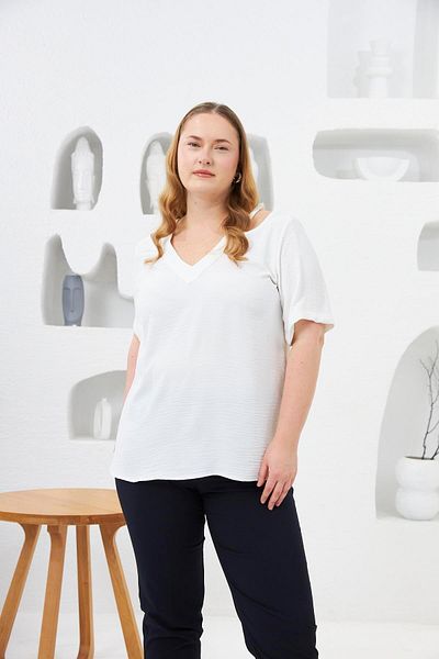 RMG Collar Detailed Large Size Blouse Ecru