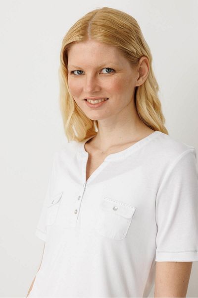 Desen Triko Tricou de damă din bumbac cu guler răsturnat cu buzunare în față alb