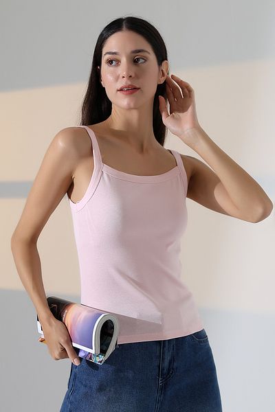Endies Ribana Fabric Square Collar Thick Strap Bias Basic Women's Athlete T-Shirt 22018 Powder