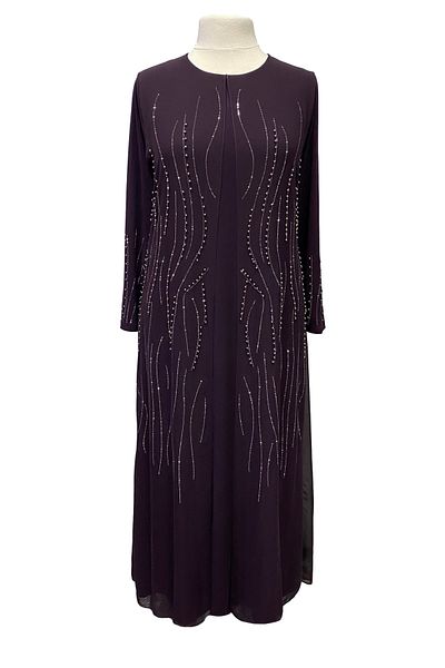 Giyinen Mağazaları Plum Asian Round Neck Stylish Stone Embroidered Plus Size Mother Evening Dress