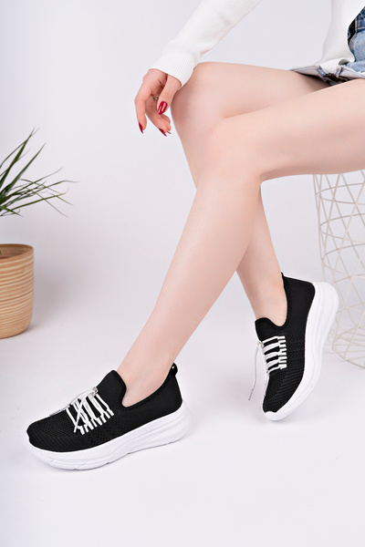 Moda Kadıköy Women's Black White Tie Light Sole Anatomic Tricot Sneaker Shoes