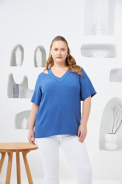 RMG Collar Detailed Large Size Blouse Indigo