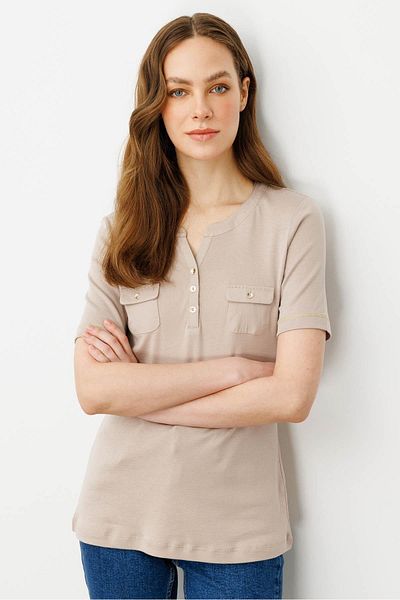 Desen Triko Tricou de damă din bumbac cu guler răsturnat, cu buzunare în față, nurcă
