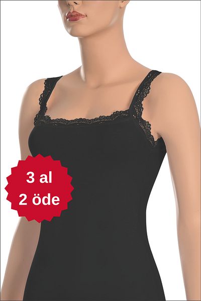 NİSYVE Rope Strap Cotton Lycra Square Neck Lace Black Women's Undershirt