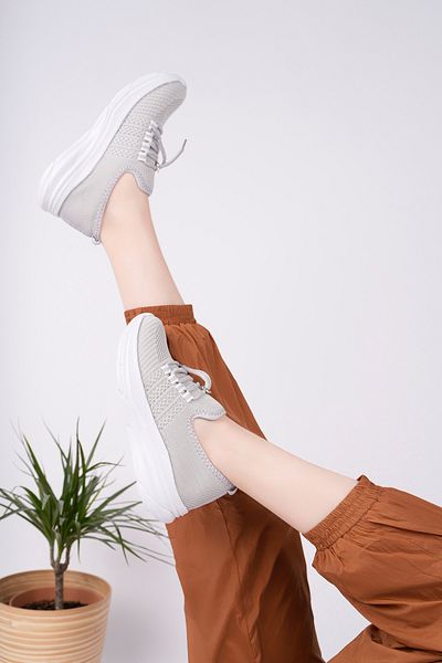 Moda Kadıköy Women's Gray Tie Light Sole Anatomical Tricot Sneaker Shoes