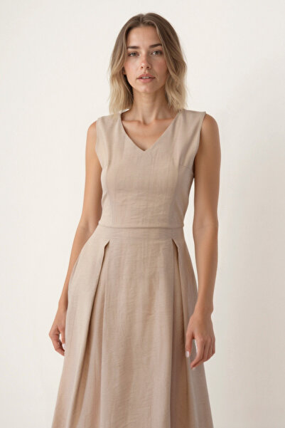 Vitrin V-Neck Belted Crinkle Fabric Midi Dress