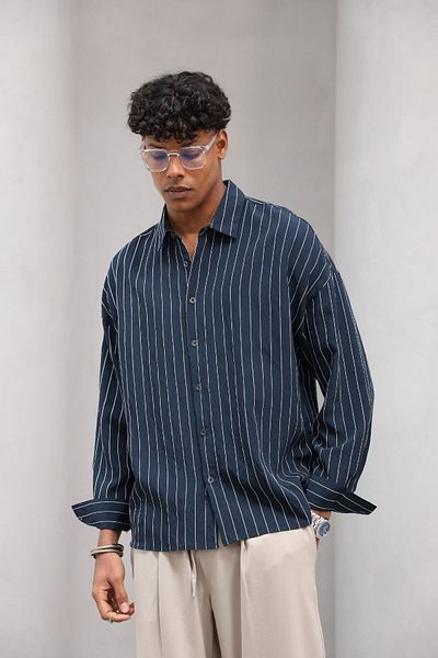THE CHAMP Ανδρικό πουκάμισο Oversize Ριγέ Φυσικό Χρώμα