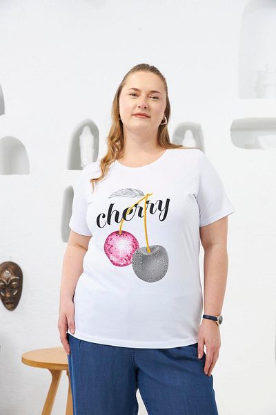 RMG Stone Embroidered Cherry Pattern Large Size T-Shirt White