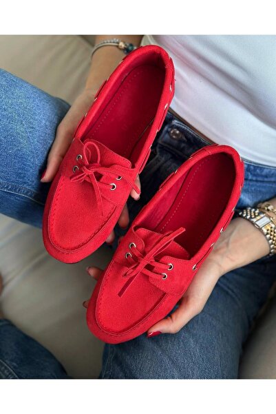 Zuum Corte Bağcıklı Makosen Kadın Ayakkabı - Kırmızı Süet