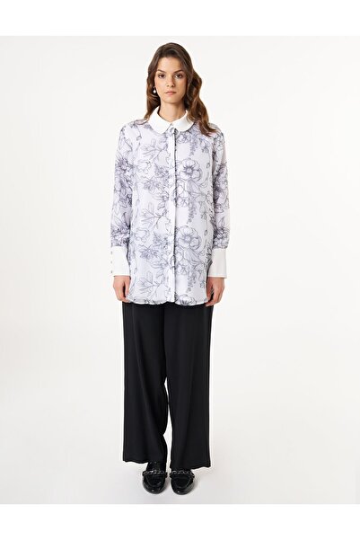 Kayra Floral Desenli Organze Tunik Ekru