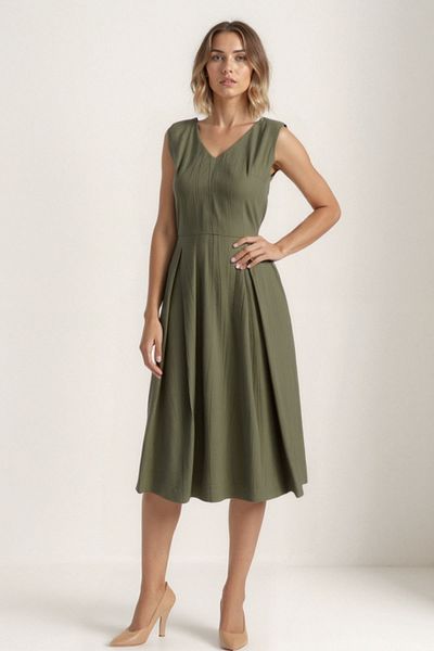 Vitrin V-Neck Belted Crinkle Fabric Midi Dress