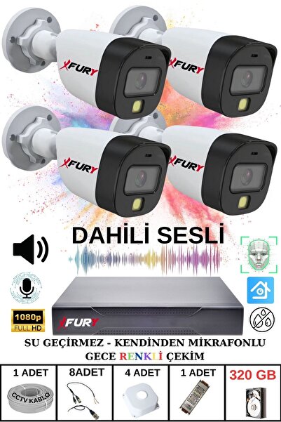 FURY 4 Lü Sesli 5Mp Lens 1080p Gece Renkli Görüş Güvenlik Kamerası Su Geçirmez Güvenlik Kamera Seti 320gb