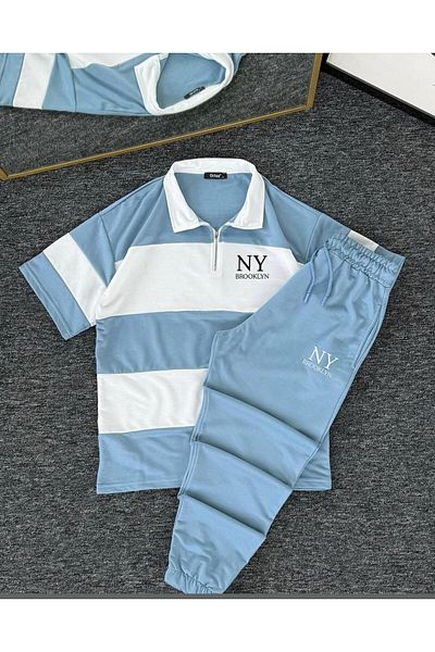 woonkey Unisex Blue Oversize Thick Striped Polo Neck New Season 2 Piece Tracksuit Set