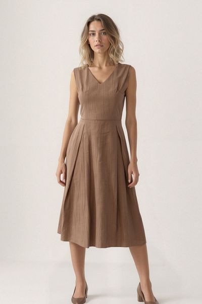 Vitrin V-Neck Belted Crinkle Fabric Midi Dress