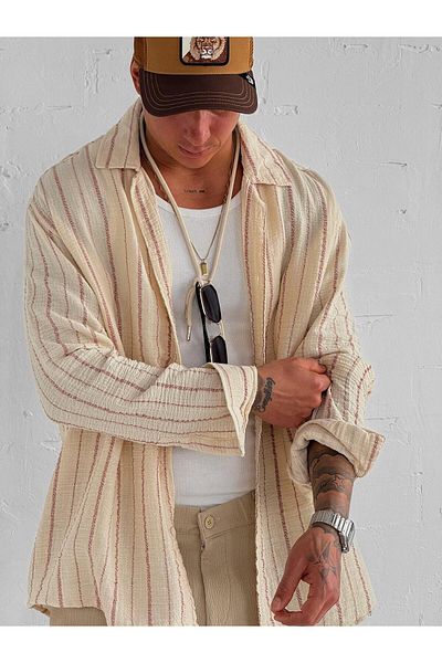 ablukaonline Men's Oversize Cotton Soft Textured Striped Shirt Red Beige