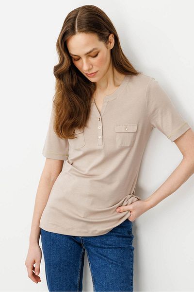 Desen Triko Tricou de damă din bumbac cu guler răsturnat, cu buzunare în față, nurcă