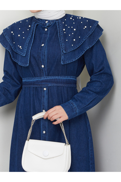 VOLT CLOTHİNG Women's Layered Pearled Denim Dress