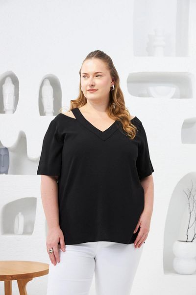 RMG Collar Detailed Large Size Blouse Black