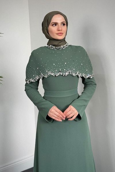 MERVEN AKYÜZ Lenka Zigzag Evening Dress Khaki
