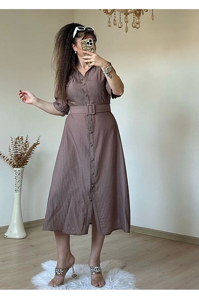 AZRA BUTİK Short Sleeve Midi Length Shirt Dress Brown