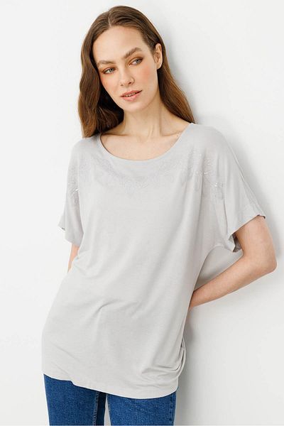 Desen Triko Women's Crew Neck Bead Embroidered Combed Cotton T-Shirt Stone