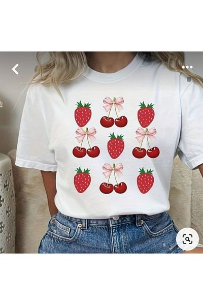 PENTHİLUS Plus Size Summer Short Sleeve Strawberry Cherry Print T-Shirt for Daily Wear