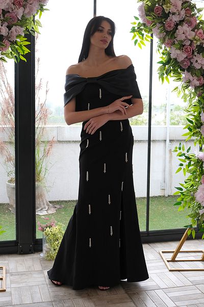 Feminist Strapless Stone Embroidered Evening Dress with Bow Detail Black 9705564