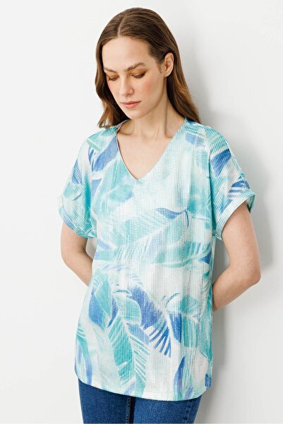 Desen Triko Жіноча футболка з V-подібним вирізом та листяним візерунком, A.Зе...