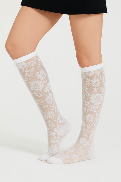 Katia&Bony Women's Floral Patterned Thin Knee High Socks White