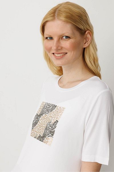 Desen Triko Women's Crew Neck Front Stone Printed Combed Cotton T-Shirt Ecru