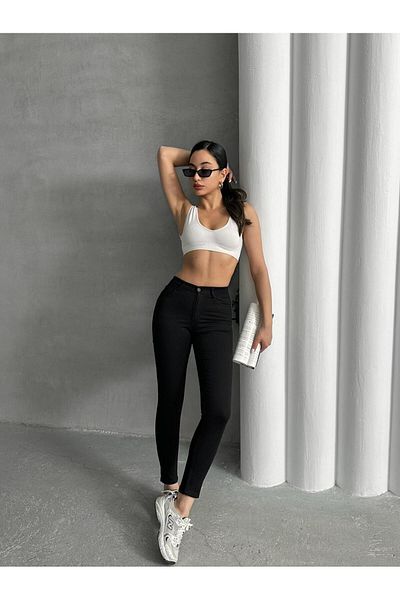 SHEVEGA Women's Black High Waist Linen Skinny Leg Pants