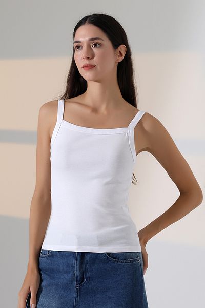 Endies Ribana Fabric Square Collar Thick Strap Bias Basic Women's Athlete T-Shirt 22018 White