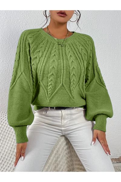 AQE FASHION Hair Braided Crew Neck Italian Sleeve Knitwear Pistachio Green Sweater