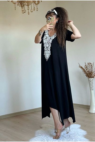 AZRA BUTİK Short Sleeve Collar Scalloped Dress