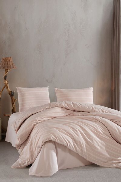 VAROL Set cuvertură dublă cu dungi din satin elastic - BEI
